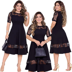 Vestido Mídi Feminino Rodado Gode com Renda