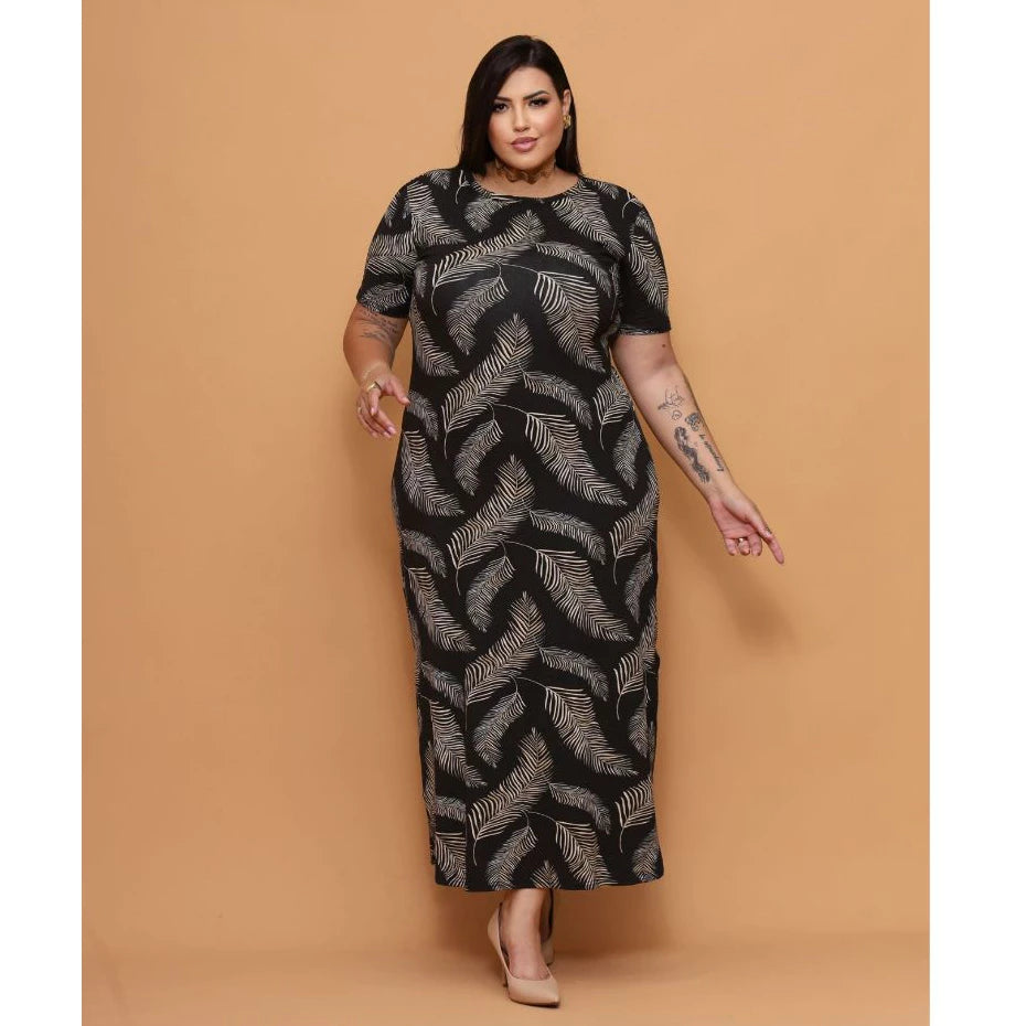 Vestido Longo Curve Curvy Plus Size com Fenda Estampado e Liso