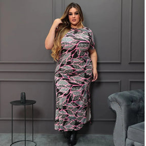 Vestido Longo Curve Curvy Plus Size com Fenda Estampado e Liso