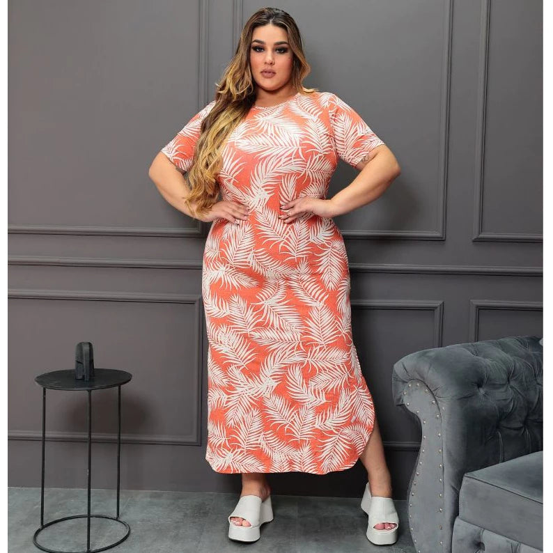 Vestido Longo Curve Curvy Plus Size com Fenda Estampado e Liso