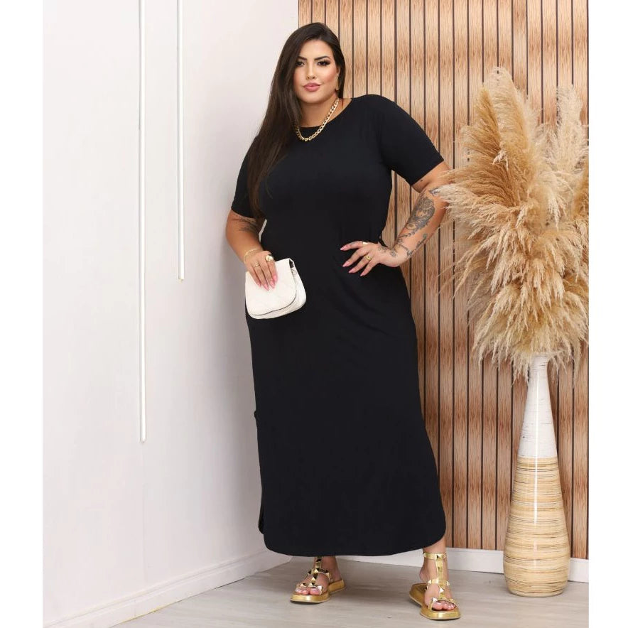 Vestido Longo Curve Curvy Plus Size com Fenda Estampado e Liso