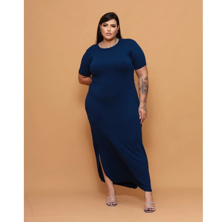 Vestido Longo Curve Curvy Plus Size com Fenda Estampado e Liso