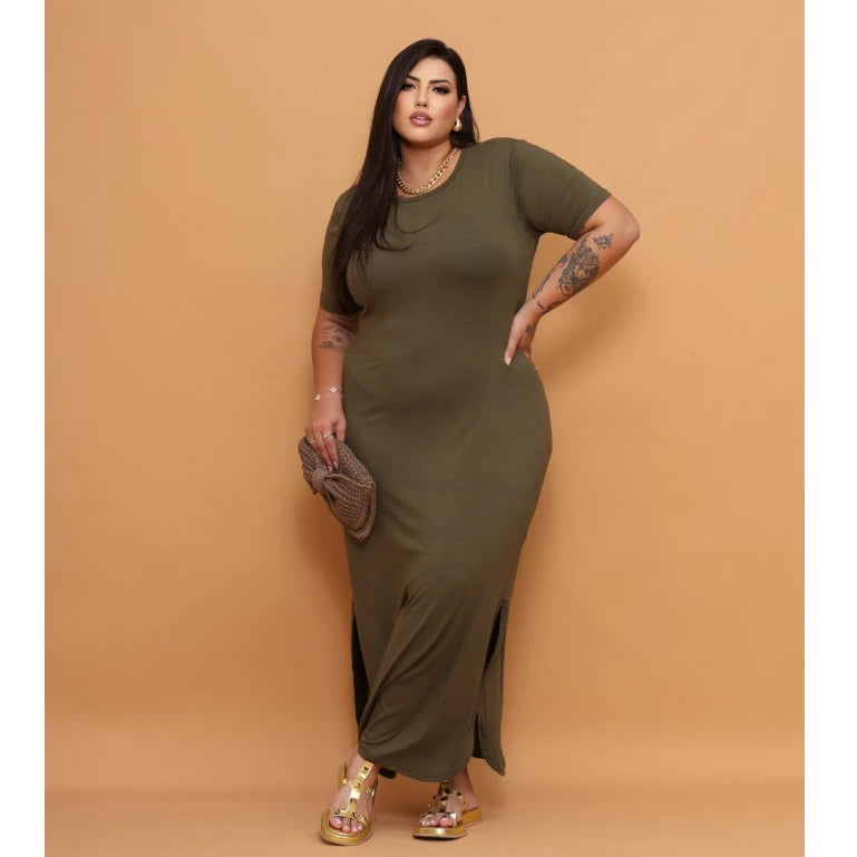 Vestido Longo Curve Curvy Plus Size com Fenda Estampado e Liso