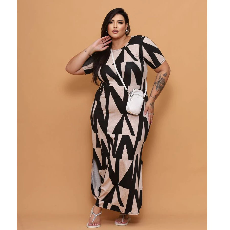 Vestido Longo Curve Curvy Plus Size com Fenda Estampado e Liso