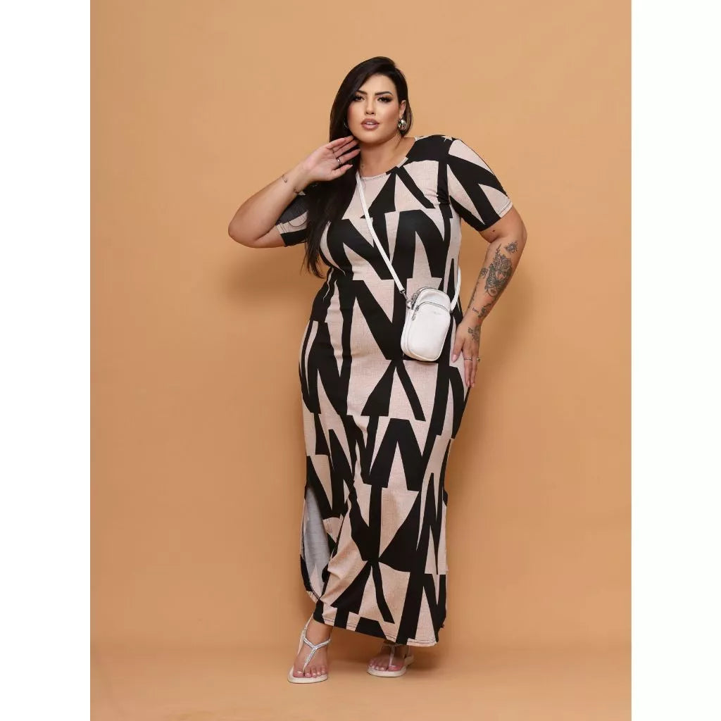 Vestido Longo Curve Curvy Plus Size com Fenda Estampado e Liso