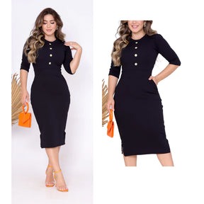 Vestido Mídi Social Crepe Malha de Botão Bolso e Fenda Casual - Plus Size