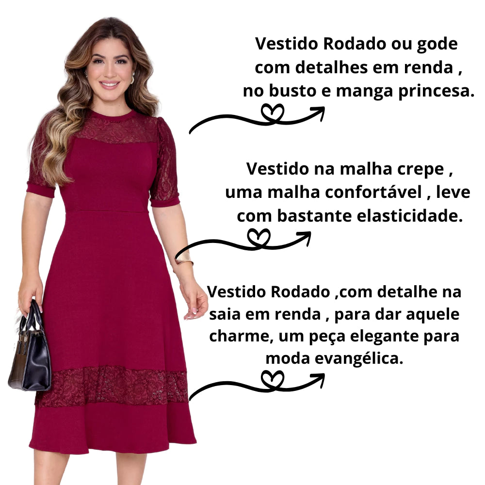 Vestido Mídi Feminino Rodado Gode com Renda