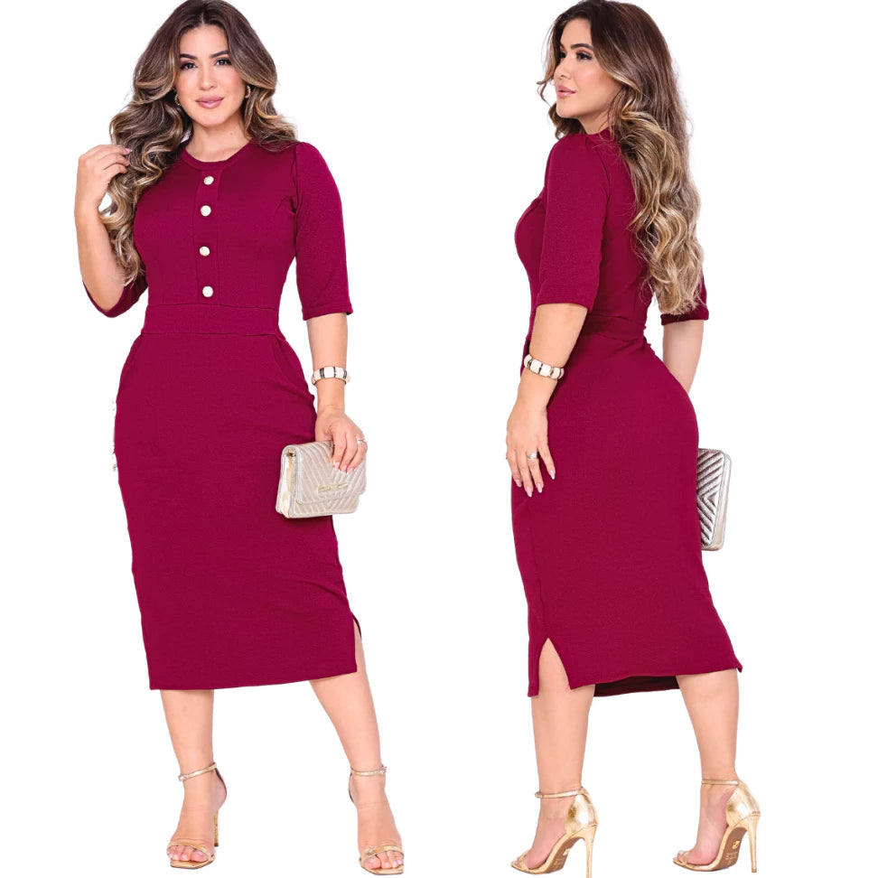 Vestido Mídi Social Crepe Malha de Botão Bolso e Fenda Casual - Plus Size