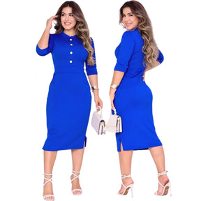 Vestido Mídi Social Crepe Malha de Botão Bolso e Fenda Casual - Plus Size