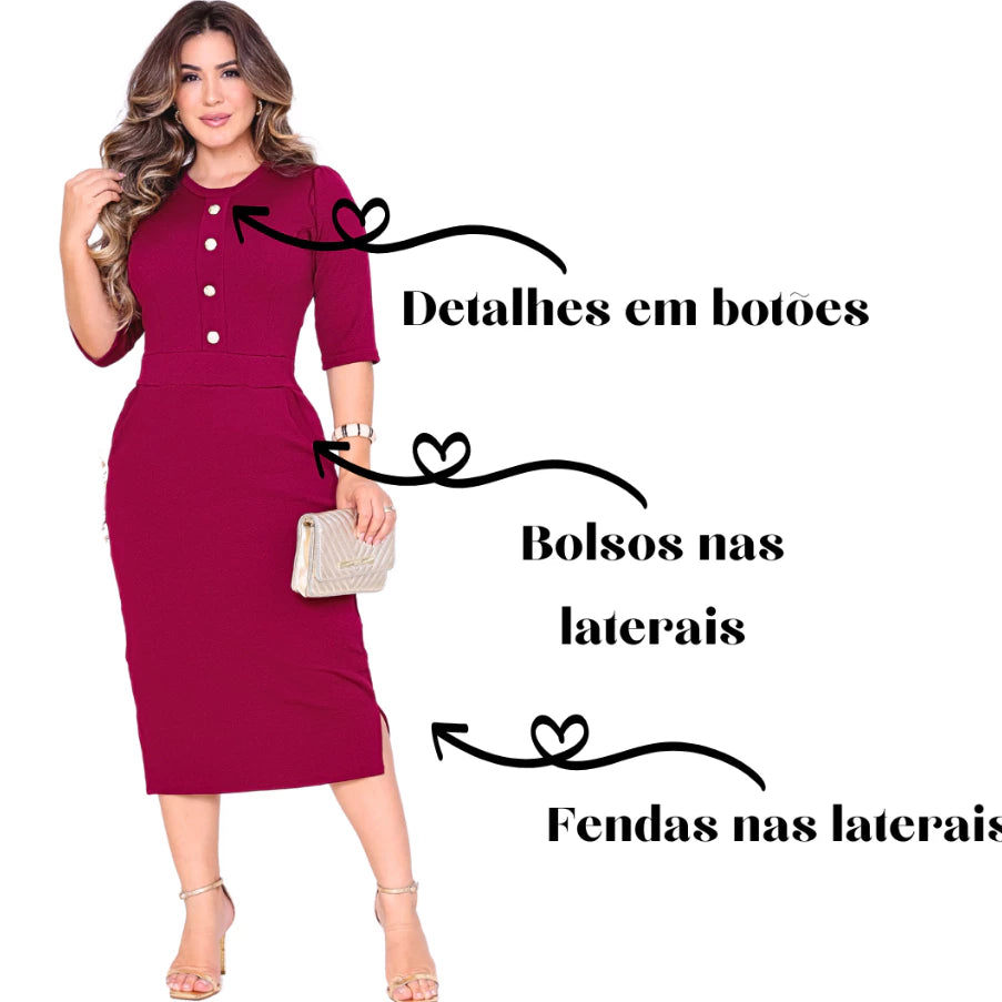 Vestido Mídi Social Crepe Malha de Botão Bolso e Fenda Casual - Plus Size