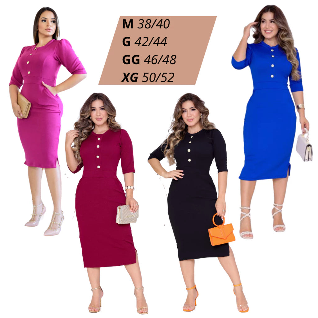 Vestido Mídi Social Crepe Malha de Botão Bolso e Fenda Casual - Plus Size