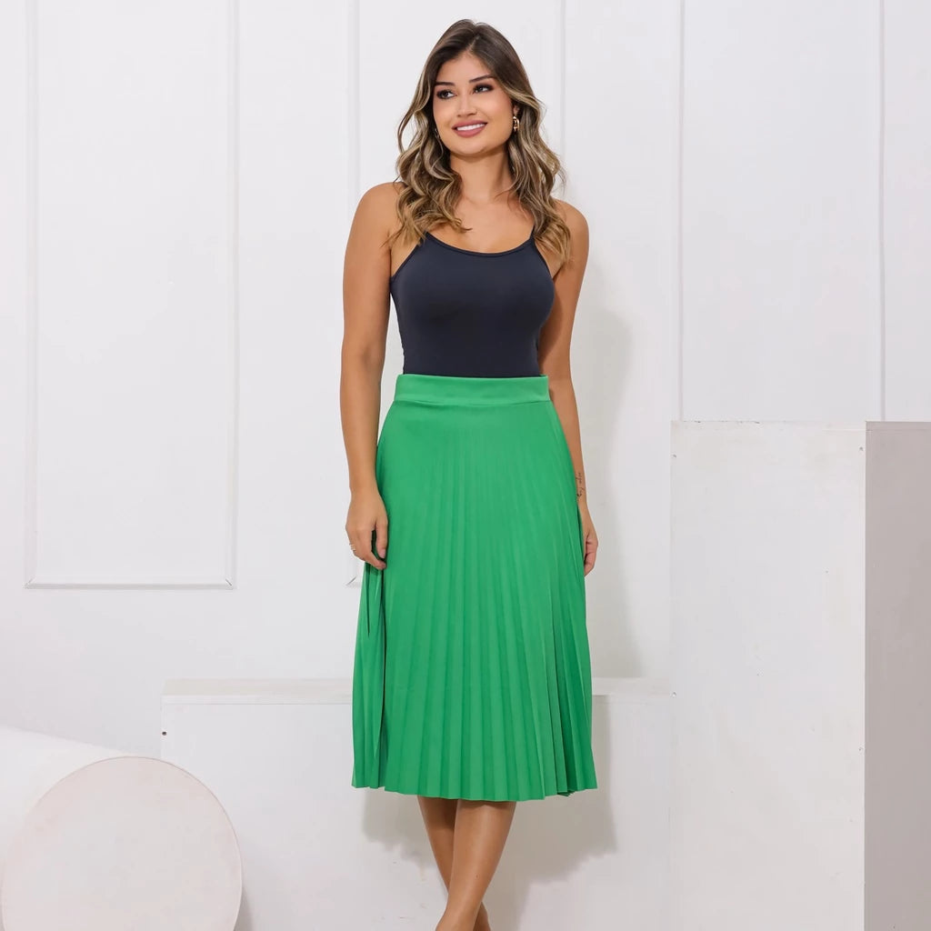 Saia Plissada Midi Feminina Com Forro Lisa - Moda Evangelica