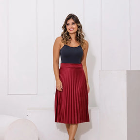 Saia Plissada Midi Feminina Com Forro Lisa - Moda Evangelica